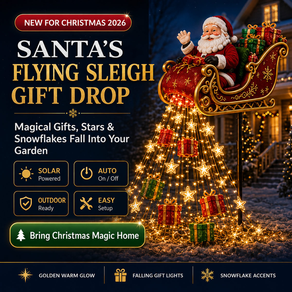 SantaGlow™ Solar Christmas Decoration | Flying Sleigh & Magical Cascade of Lights