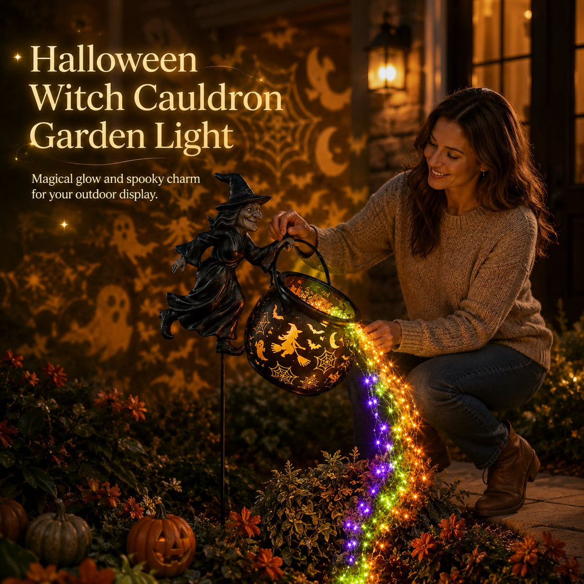 HexaGlow™ Halloween Witch Cauldron Garden Light – Magical Colours & Projections for Your Halloween Decorations 🎃✨