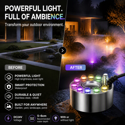 MystiGlow™ 12-LED Mist Maker – Coloured Ultrasonic Mist for Halloween, Décor & Water Features 🎃✨