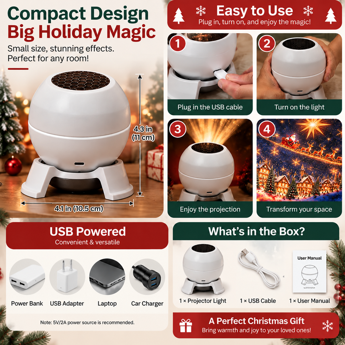 FestiGlow™ Christmas Projection Night Light | Instant Christmas Room Transformation