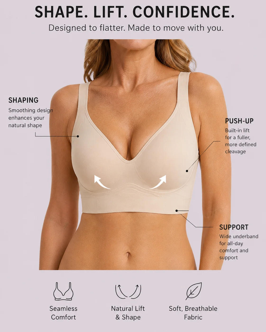 (Pack of 3) Amelia - Wireless Push Up Seamless Full Coverage Bra