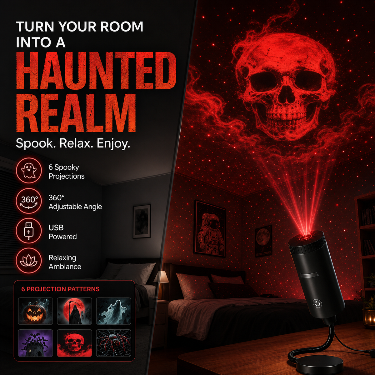 SpookLume™ HD Halloween Projector – 6 Spooky Designs for Instant Halloween Atmosphere